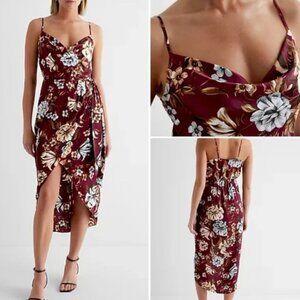 Satin Burgundy Floral CowlNeck Tie Waist Hi-lo Midi Dress Express